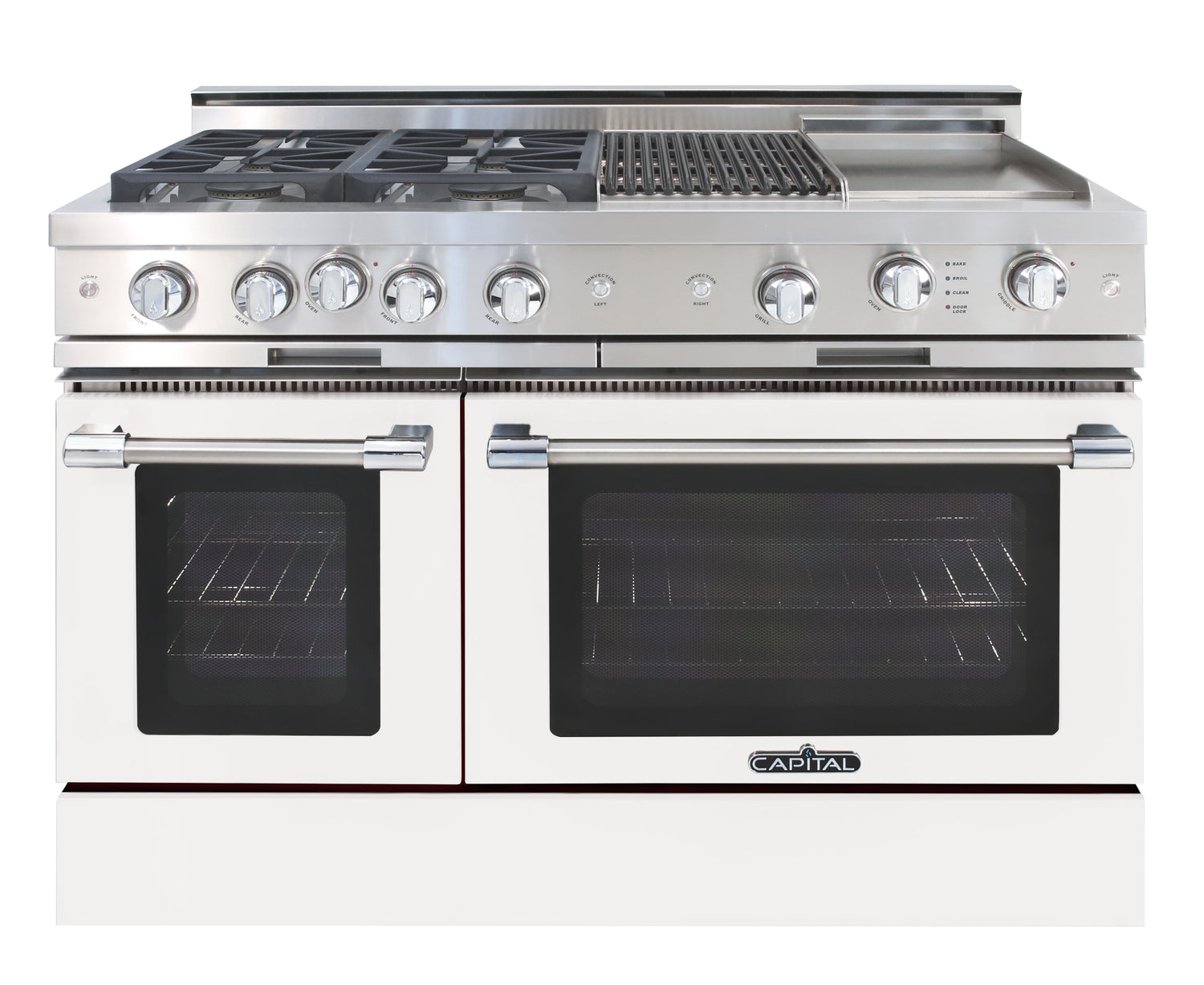 White gloss  range gas cooktop four burners grill, griddle, double oven