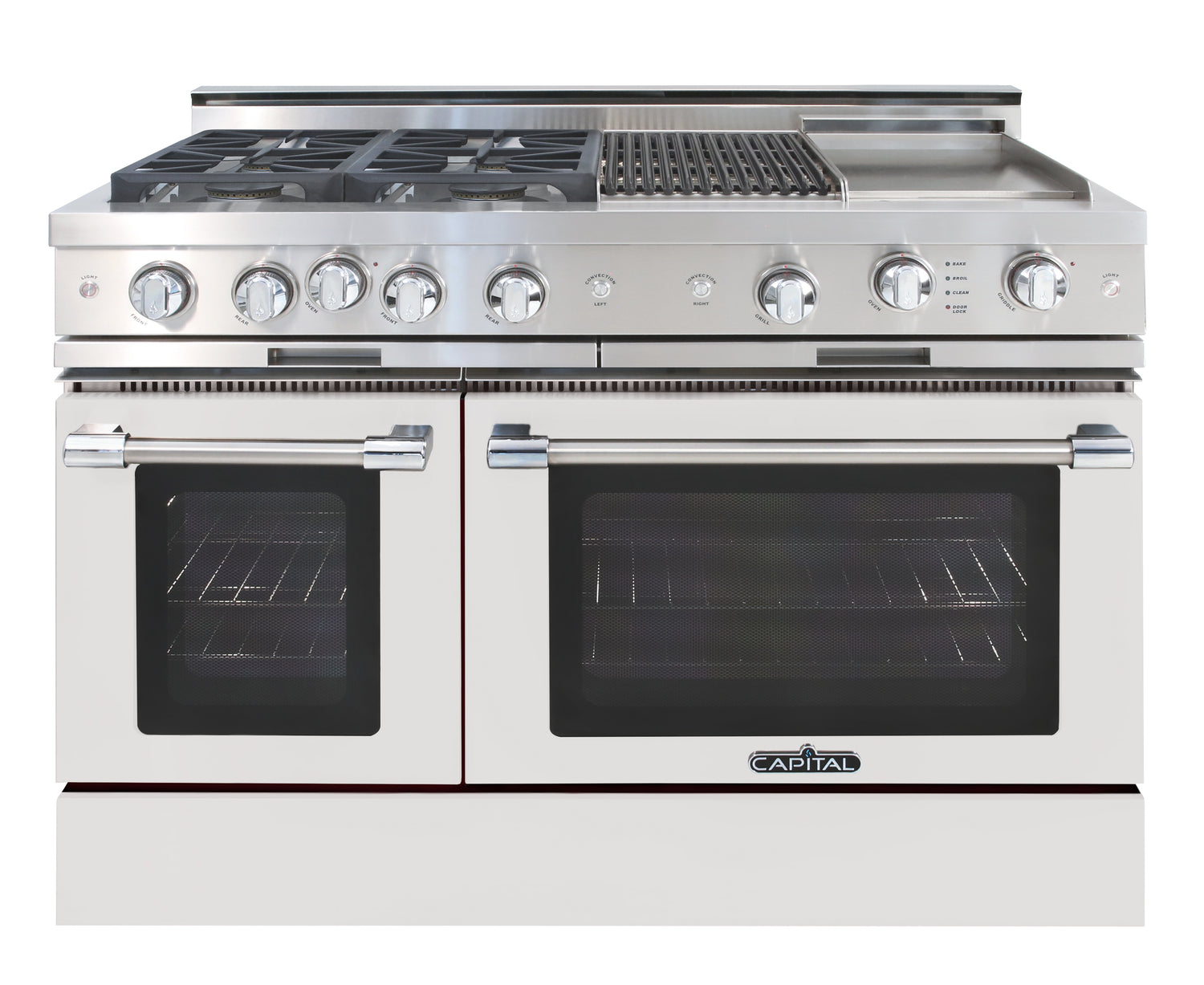 White matte  range gas cooktop four burners grill, griddle, double oven