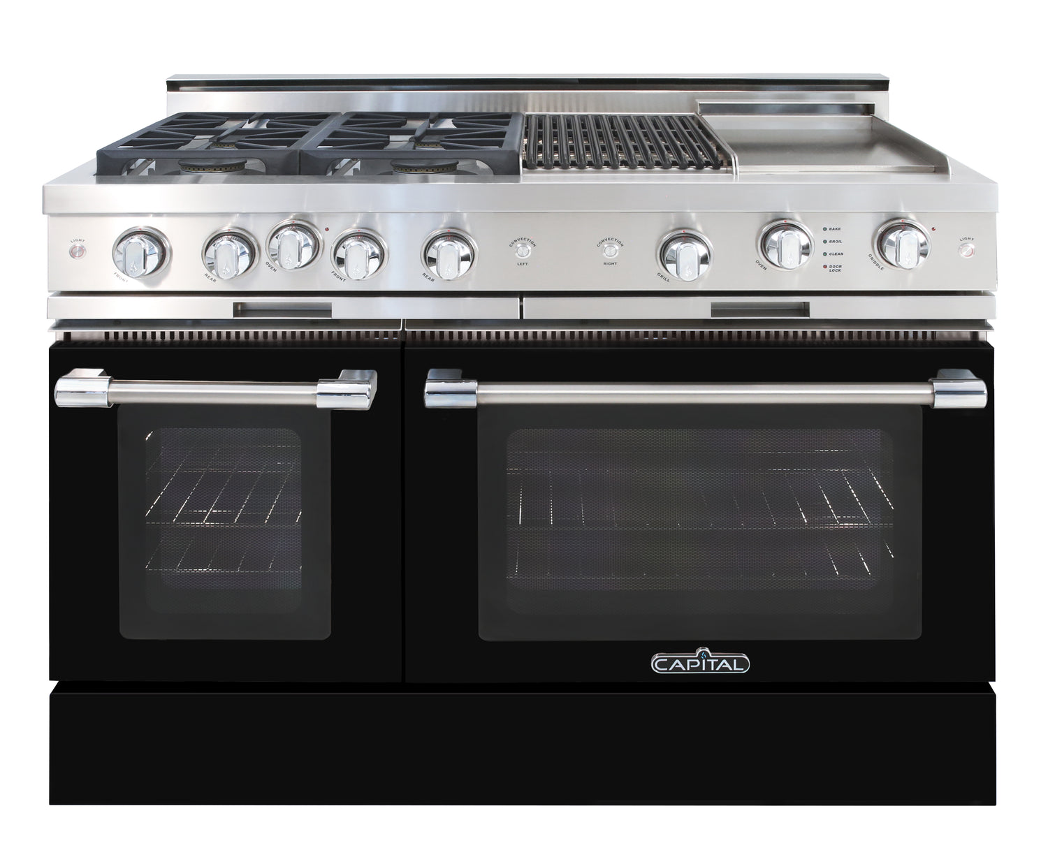 Jet black gloss  range gas cooktop four burners grill, griddle, double oven