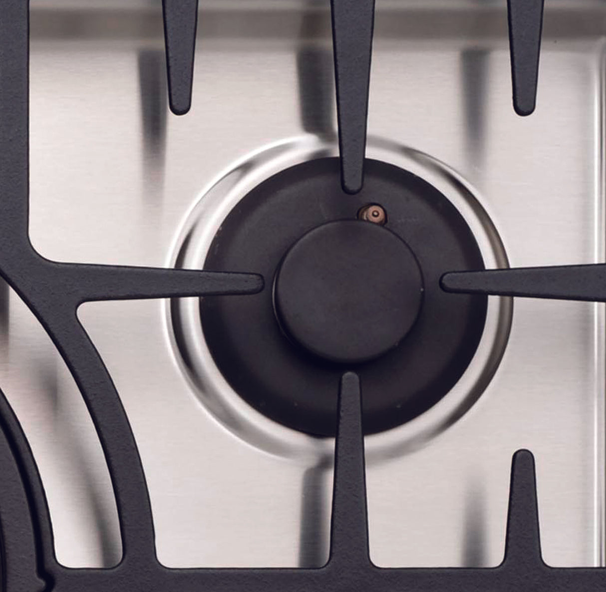Close-up of a Capital gas stove burner with black grate and silver base