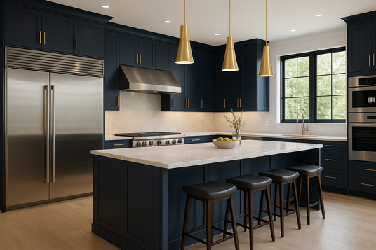 Modern kitchen with dark blue cabinets, stainless steel appliances, and a central island.