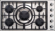 Capital Stainless steel gas cooktop with five burners and control knobs.