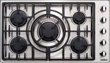 Capital Stainless steel gas cooktop with five burners and control knobs.