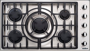 Capital Stainless steel gas cooktop with five burners and control knobs.