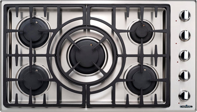 Capital Stainless steel gas cooktop with five burners and control knobs.