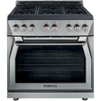 Forza 36 inch stainless steel range with six burners and single oven.