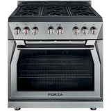 Forza 36 inch stainless steel range with six burners and single oven.