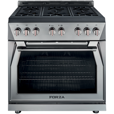 Forza 36 inch stainless steel range with six burners and single oven.