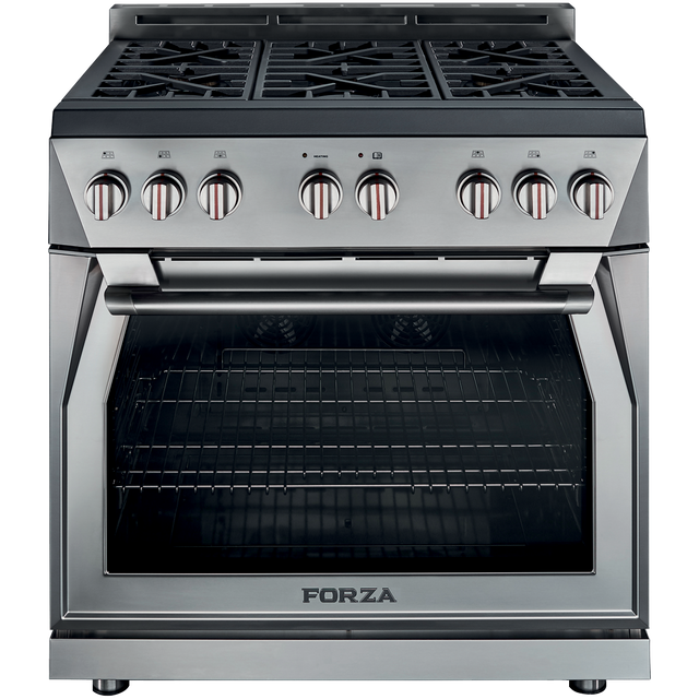 Forza 36 inch stainless steel range with six burners and single oven.