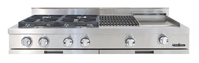 Capital stainless steel gas range top with multiple burners and grills on a white background