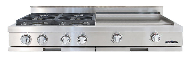 Capital stainless steel gas range with four burners on a white background