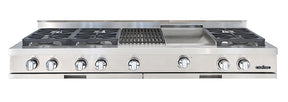 Capital Stainless steel gas range top with six burners a grill and a griddle.