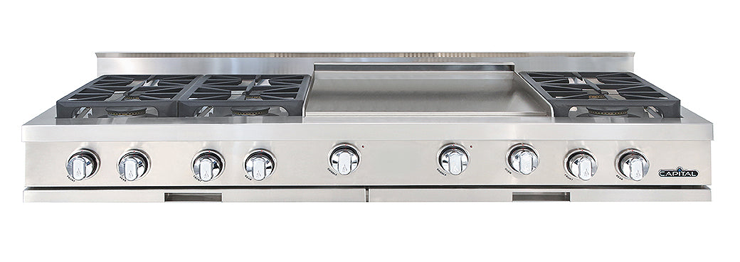 Capital Stainless steel gas range top with six burners and wide griddle