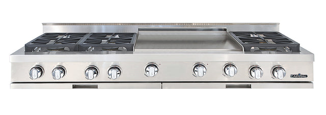 Capital Stainless steel gas range top with six burners and wide griddle