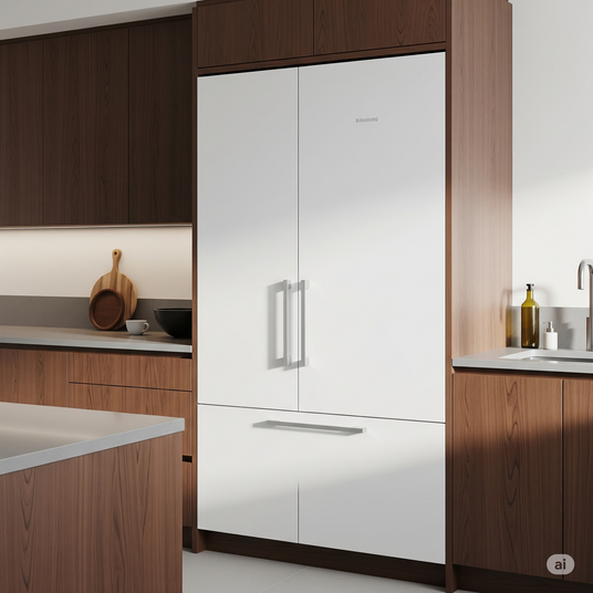 Modern kitchen with a white refrigerator and wooden cabinets.
