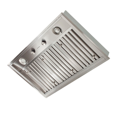 Detail of Faber Inca Pro Plus Silo built in range hood with stainless steel baffles, knobs and lights