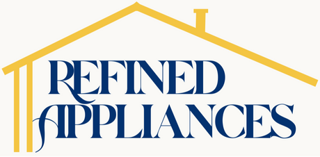 Logo of Refined Appliances with a yellow roof and blue text on a white background