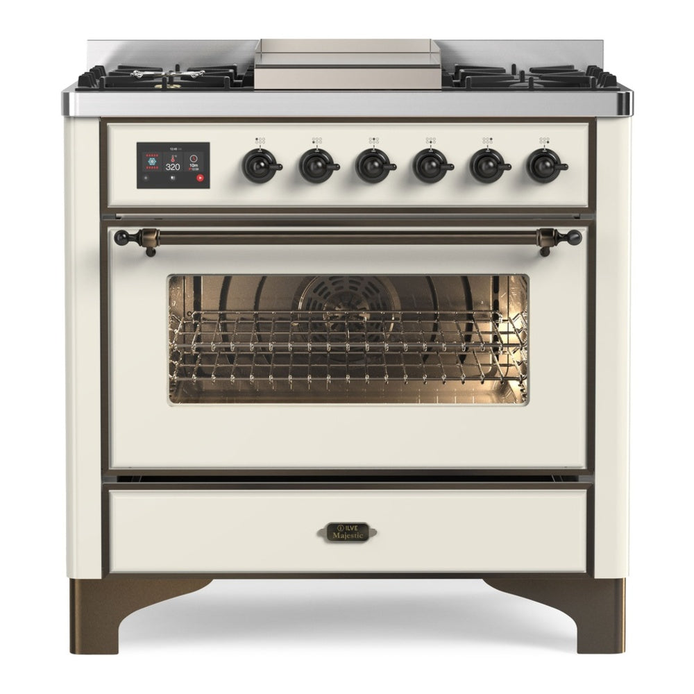 ILVE Majestic II 36" Dual Fuel Range 6 Sealed Burners, Triple Glass Door, Antique White, Burnished Knobs-LP