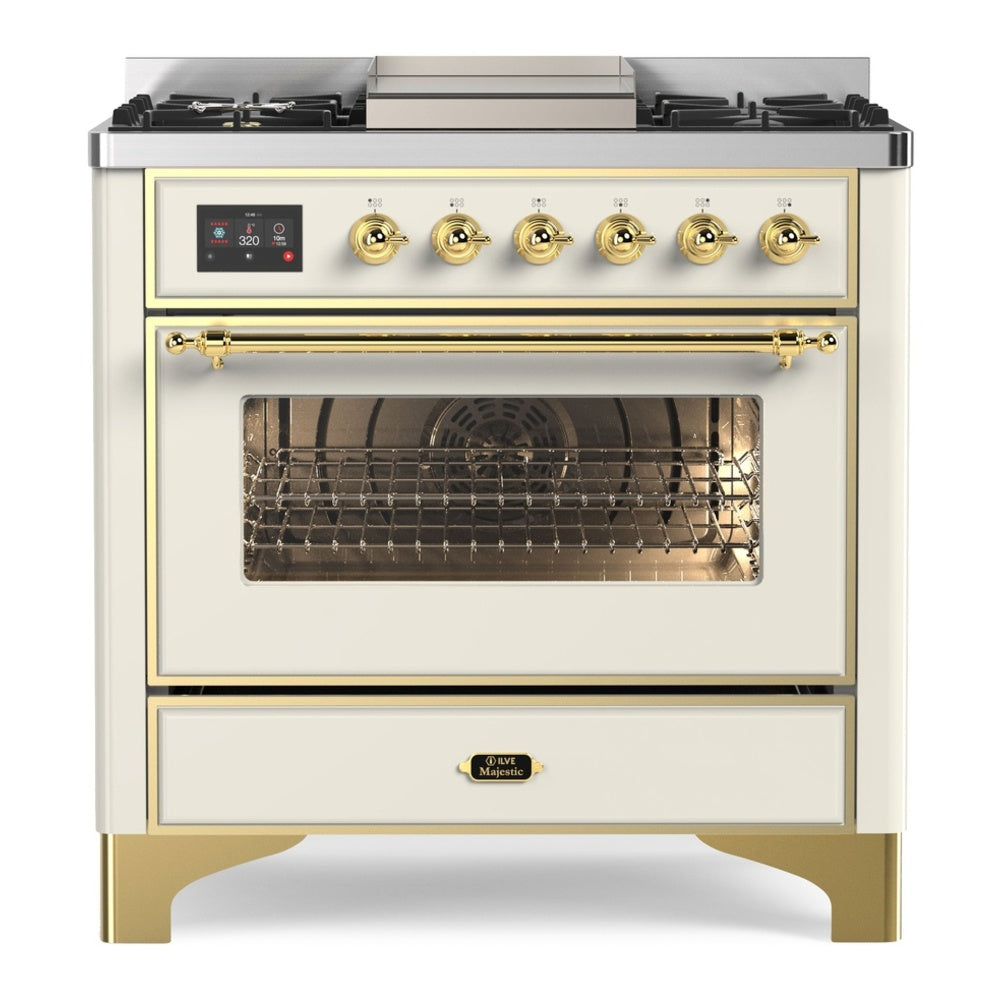 ILVE Majestic II 36" Dual Fuel Range 6 Sealed Burners, Triple Glass Door, Antique White, Brass Knobs-Natural Gas