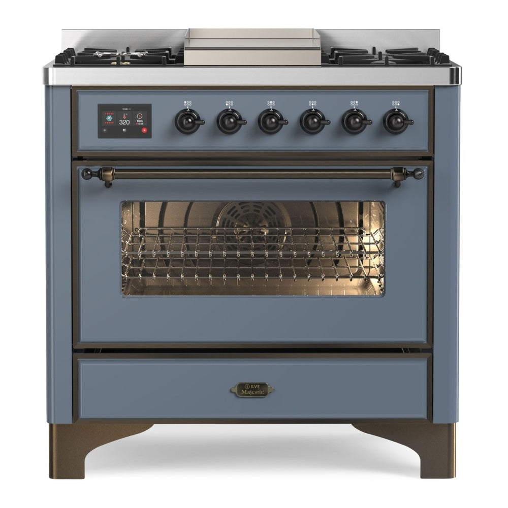 ILVE Majestic II 36" Dual Fuel Range 6 Sealed Burners, Triple Glass Door, Blue Grey, Burnished Knobs-LP