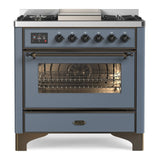 ILVE Majestic II 36" Dual Fuel Range 6 Sealed Burners, Triple Glass Door, Blue Grey, Burnished Knobs-LP