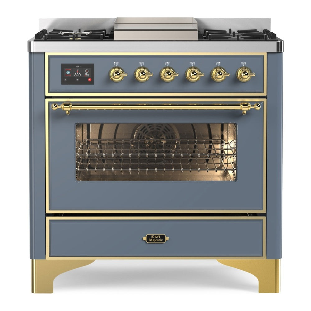 ILVE Majestic II 36" Dual Fuel Range 6 Sealed Burners, Triple Glass Door, Blue Grey, Brass Knobs-Natural Gas