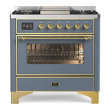 ILVE Majestic II 36" Dual Fuel Range 6 Sealed Burners, Triple Glass Door, Blue Grey, Brass Knobs-Natural Gas