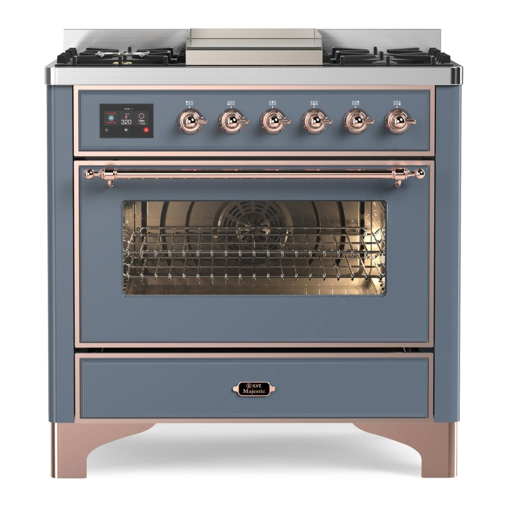 ILVE Majestic II 36" Dual Fuel Range 6 Sealed Burners, Triple Glass Door, Blue Grey, Copper Knobs-Natural Gas