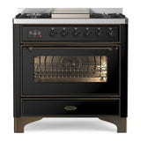 ILVE Majestic II 36" Dual Fuel Range 6 Sealed Burners, Triple Glass Door, Glossy Black, Burnished Knobs-LP