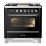 ILVE Majestic II 36" Dual Fuel Range 6 Sealed Burners, Triple Glass Door, Glossy Black, Chrome Knobs-LP