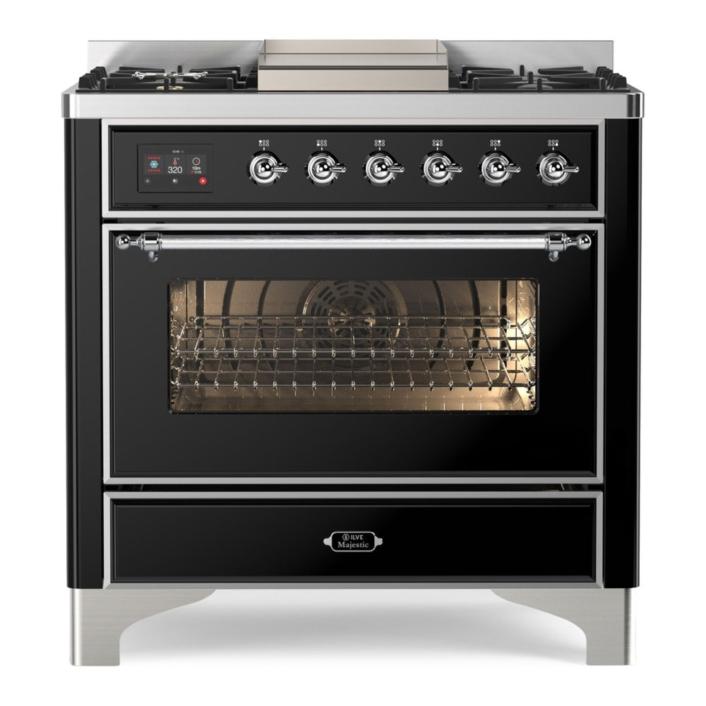 ILVE Majestic II 36" Dual Fuel Range 6 Sealed Burners, Triple Glass Door, Glossy Black, Chrome Knobs-Natural Gas