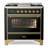 ILVE Majestic II 36" Dual Fuel Range 6 Sealed Burners, Triple Glass Door, Glossy Black, Brass Knobs-LP