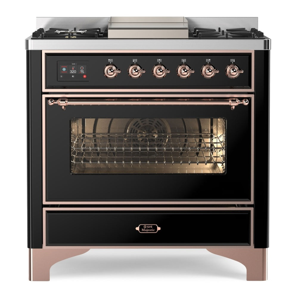 ILVE Majestic II 36" Dual Fuel Range 6 Sealed Burners, Triple Glass Door, Glossy Black, Copper Knobs-Natural Gas
