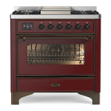 ILVE Majestic II 36" Dual Fuel Range 6 Sealed Burners, Triple Glass Door, Burgundy, Burnished Knobs-LP