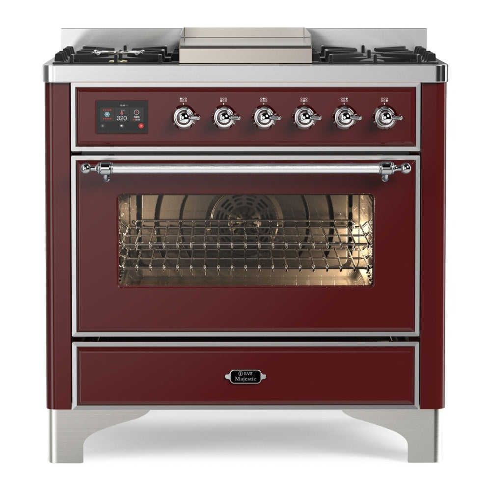 ILVE Majestic II 36" Dual Fuel Range 6 Sealed Burners, Triple Glass Door, Burgundy, Chrome Knobs-Natural Gas
