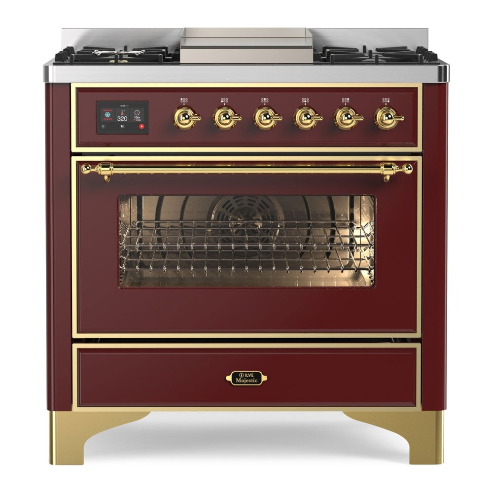 ILVE Majestic II 36" Dual Fuel Range 6 Sealed Burners, Triple Glass Door, Burgundy, Brass Knobs-Natural Gas