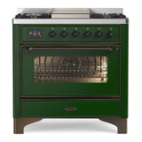 ILVE Majestic II 36" Dual Fuel Range 6 Sealed Burners, Triple Glass Door, Emerald Green, Burnished Knobs-Natural Gas