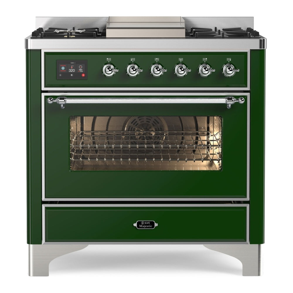 ILVE Majestic II 36" Dual Fuel Range 6 Sealed Burners, Triple Glass Door, Emerald Green, Chrome Knobs-Natural Gas