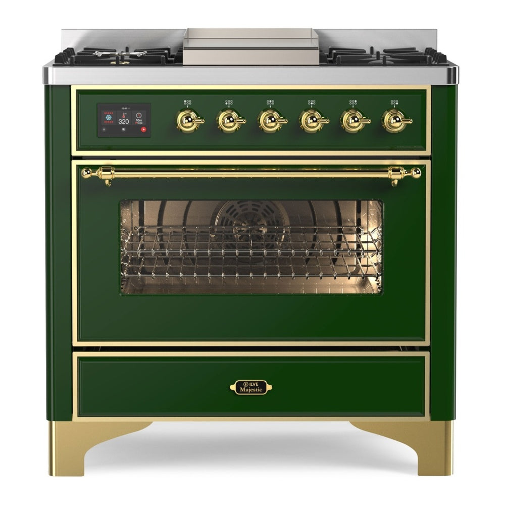ILVE Majestic II 36" Dual Fuel Range 6 Sealed Burners, Triple Glass Door, Emerald Green, Brass Knobs-Natural Gas