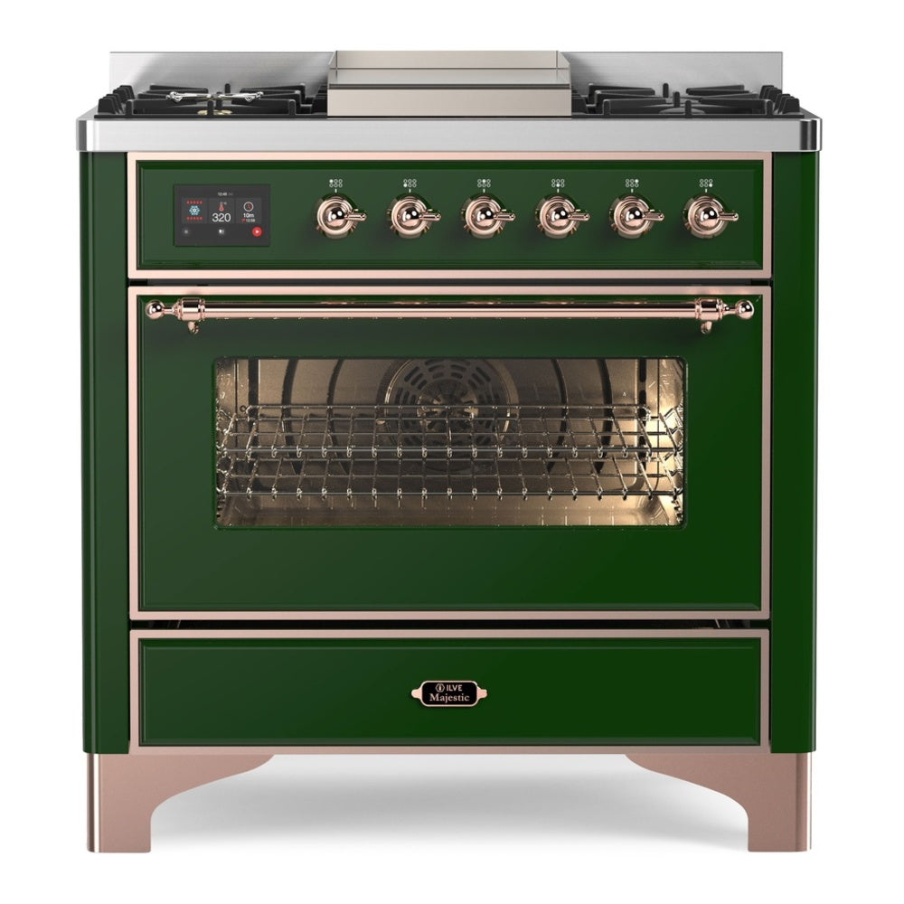 ILVE Majestic II 36" Dual Fuel Range 6 Sealed Burners, Triple Glass Door, Emerald Green, Copper Knobs-LP