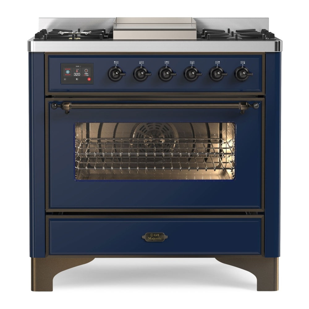 ILVE Majestic II 36" Dual Fuel Range 6 Sealed Burners, Triple Glass Door, Midnight Blue, Burnished Knobs-Natural Gas