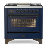 ILVE Majestic II 36" Dual Fuel Range 6 Sealed Burners, Triple Glass Door, Midnight Blue, Burnished Knobs-Natural Gas