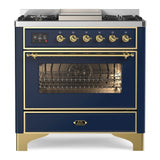 ILVE Majestic II 36" Dual Fuel Range 6 Sealed Burners, Triple Glass Door, Midnight Blue, Brass Knobs-Natural Gas