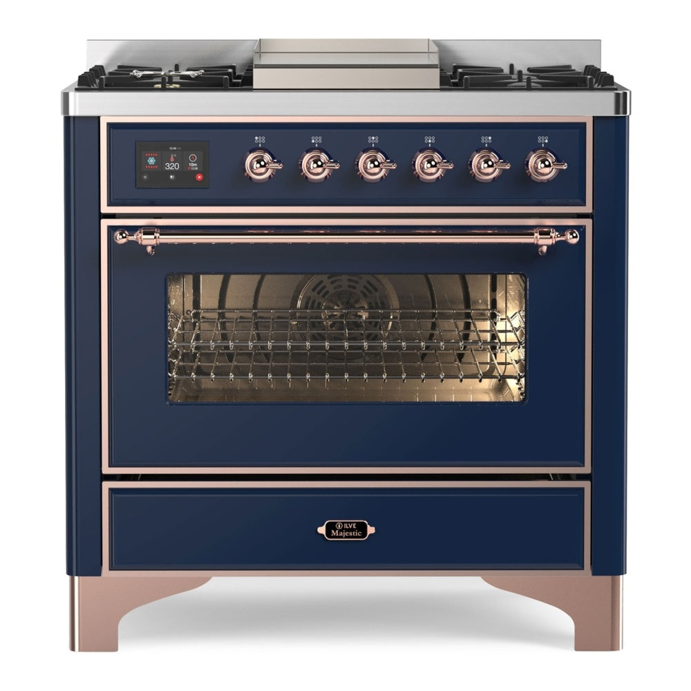 ILVE Majestic II 36" Dual Fuel Range 6 Sealed Burners, Triple Glass Door, Midnight Blue, Copper Knobs-LP