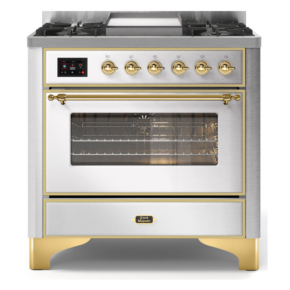 ILVE Majestic II 36" Dual Fuel Range 6 Sealed Burners, Triple Glass Door, Stainless Steel, Brass Knobs-LP