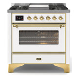 ILVE Majestic II 36" Dual Fuel Range 6 Sealed Burners, Triple Glass Door, White, Brass Knobs-Natural Gas