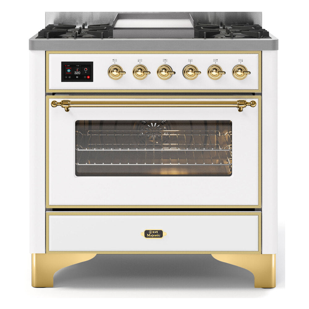 ILVE Majestic II 36" Dual Fuel Range 6 Sealed Burners, Triple Glass Door, White, Brass Knobs-LP