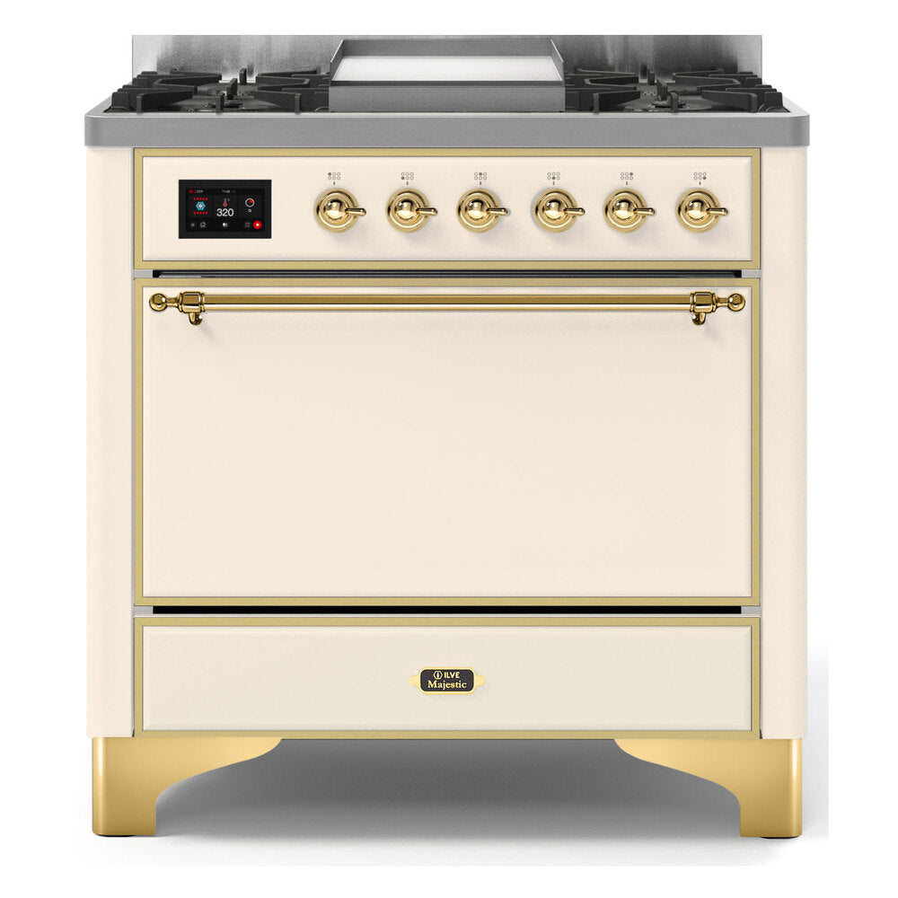 ILVE Majestic II 36" Dual Fuel Range 6 Sealed Burners, Solid Door, Antique White, Brass Knobs-LP