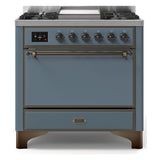 ILVE Majestic II 36" Dual Fuel Range 6 Sealed Burners, Solid Door, Blue Grey, Burnished Knobs-Natural Gas