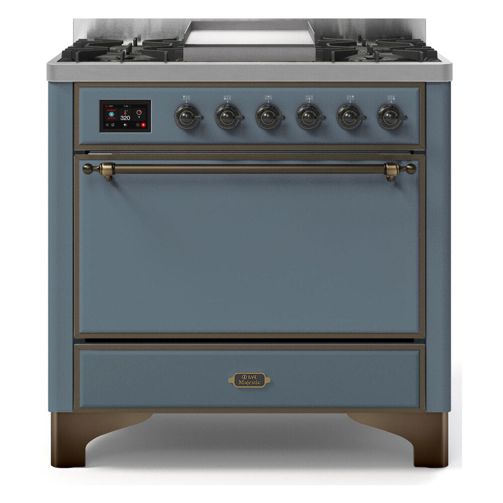 ILVE Majestic II 36" Dual Fuel Range 6 Sealed Burners, Solid Door, Blue Grey, Burnished Knobs-LP